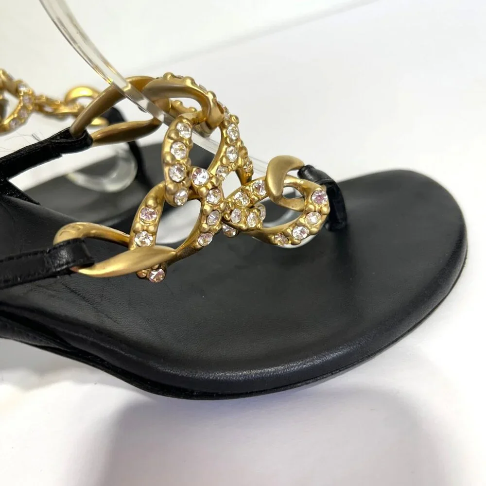 Chanel Sz 36 Black Leather Slingback Heels With Gold Chain Rhinestone Detail